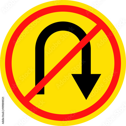 No U turn sign. prohibitory traffic signs. red crossed out circle symbol.  driving navigation icons. arrow pointing to the right
