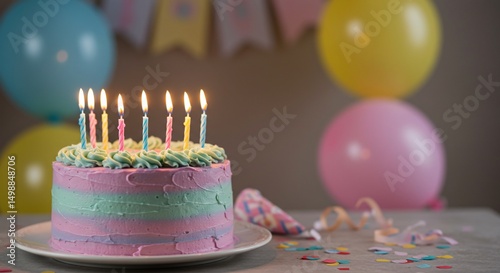 Birthday cake ablaze amidst party cheer