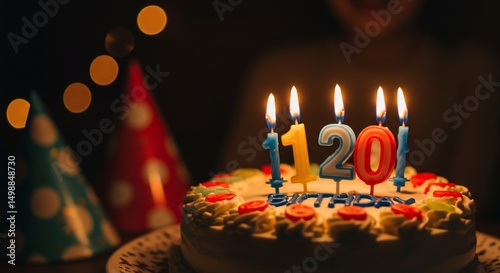 Birthday cake with candles celebrating 120 years