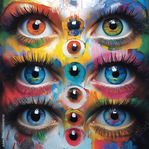 Multicolored eyes on a painted face.
