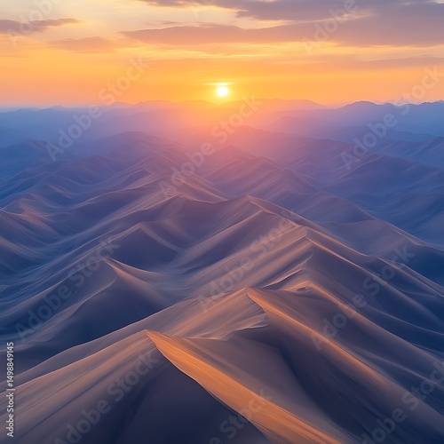 Sunrise over a vast expanse of sand dunes.