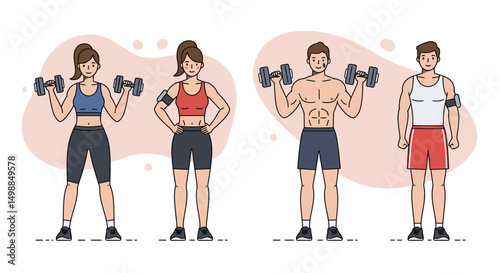 Four athletic figures in workout attire two lifting weights and two with armbands