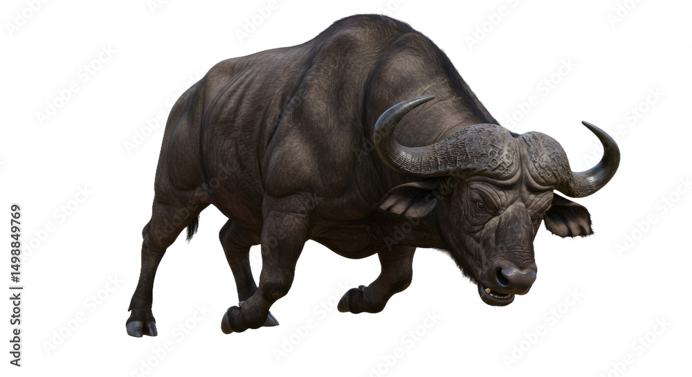 Fototapeta premium Charging African Buffalo: Aggressive Pose, Horns Forward, Isolated on White