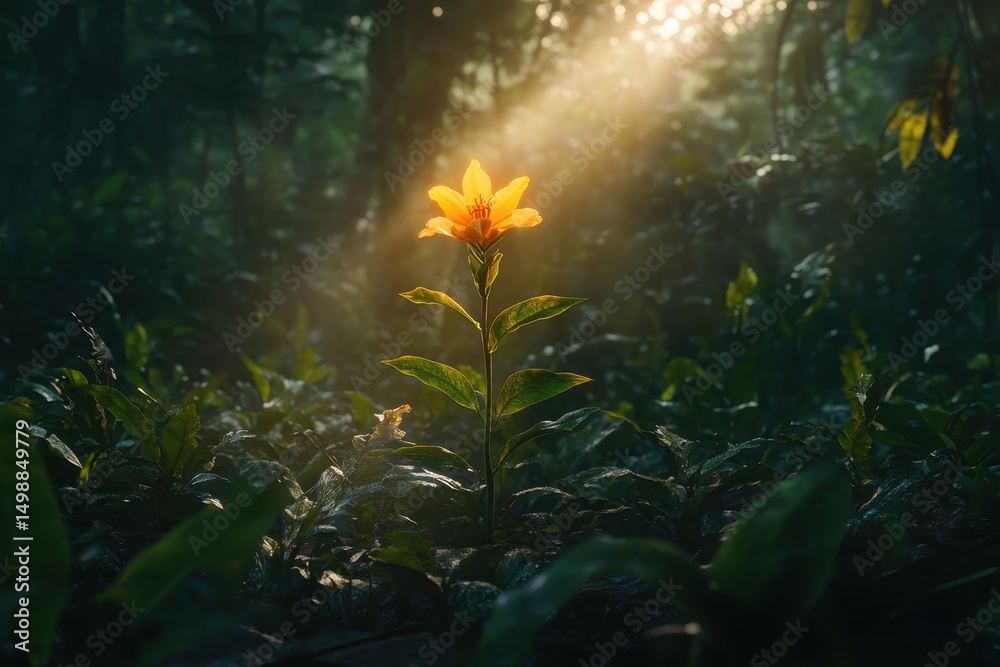 Fototapeta premium Vibrant yellow flower standing tall amidst green foliage in a sunlit forest at dawn