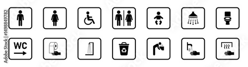 Set of flat public facility icons including male, female, accessible restrooms, baby changing, shower, toilet, hygiene, waste bin, hand dryer, and WC signs for signage use. Restroom, icons.