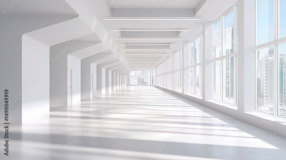 Fototapeta premium Modern White Open Plan Office Corridor with Abundant Natural Light