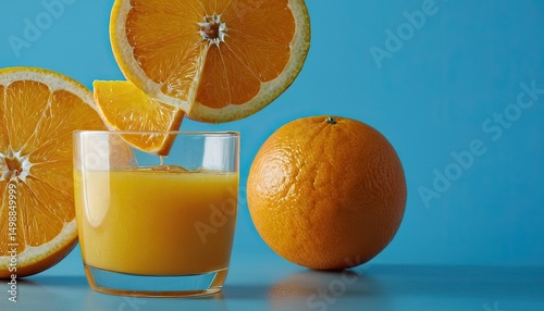 Fresh orange juice with straw on blue table
3