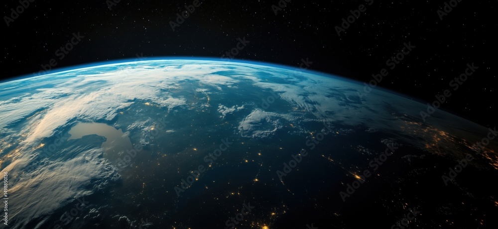 Fototapeta premium Earth from space showcasing vibrant blue oceans and illuminated landmasses at night
