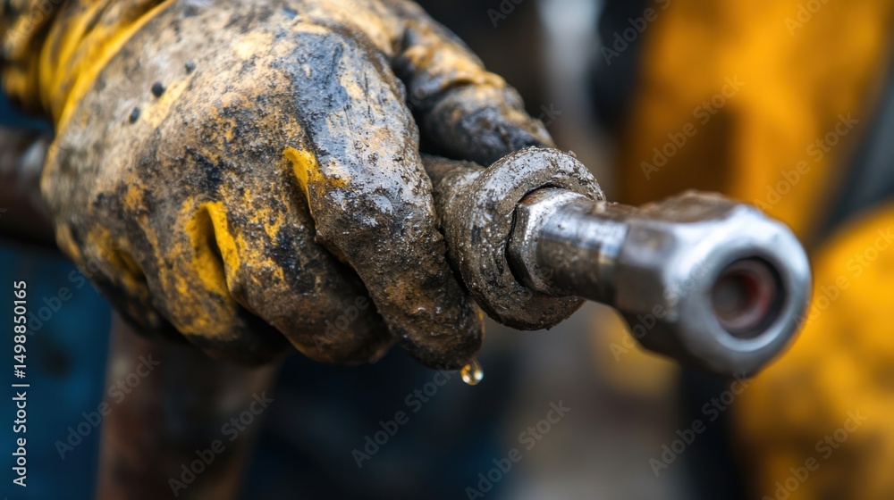 Oil Worker's Hands: Close-up of soiled hands in work gloves holding an oil rig component, with a drop of oil clinging to the metal, highlighting the physicality and potential hazards of oilfield work. Oil Worker's Hands: Close-up of soiled hands in work gloves holding an oil rig component, with a drop of oil clinging to the metal, highlighting the physicality and potential hazards of oilfield work.