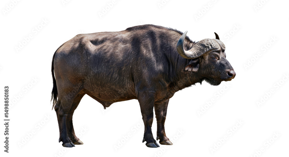 Fototapeta premium African Buffalo Side Profile: Bossed Horns, Thick Hide, White Background