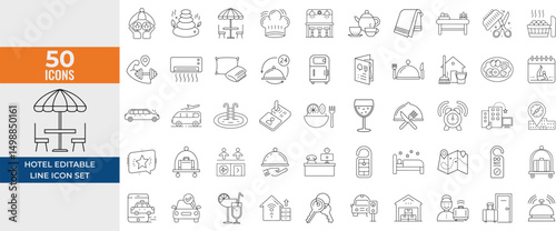Hotel Services Line Icon Set – Room Booking, Reservation, Parking, Bellboy, Breakfast, Travel – Editable Stroke Vector