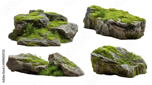 Set of mossy rocks isolated, transparent background.
