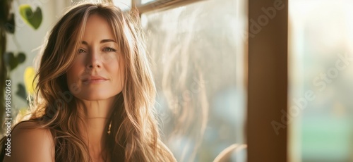 Portrait of a woman with long hair gazing thoughtfully by a sunlit window