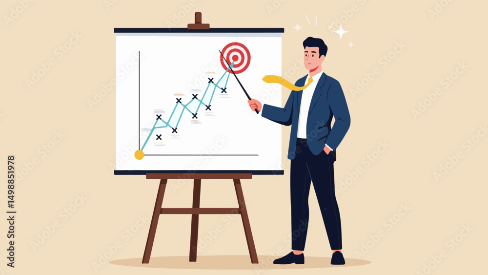 Illustration of a business professional presenting a strategic roadmap on a board targeting success. Illustration of a business professional presenting a strategic roadmap on a board targeting success.
