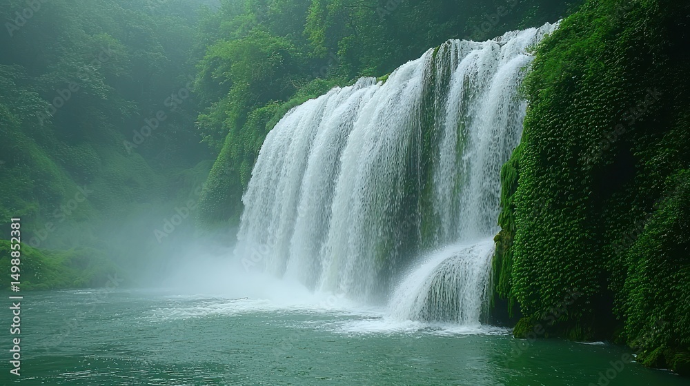 Fototapeta premium Lush waterfall cascading into a tranquil pool, misty forest backdrop