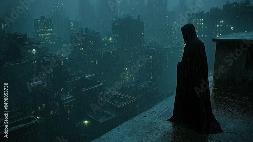 Dark Figure on Rooftop Overlooking City in Rain