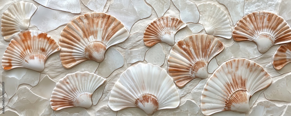 Obraz premium Decorative arrangement of seashells on textured background for coastal decor