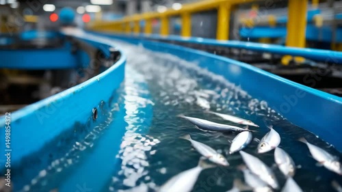 Industrial conveyor system processing harvested fish, automated seafood production