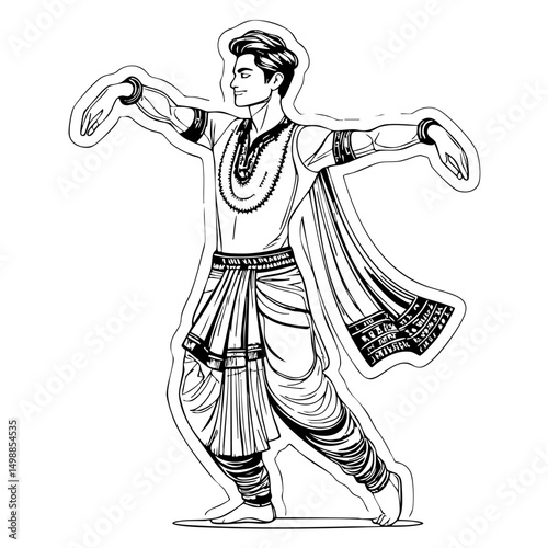 "Black and white sketch of an Indian classical male dancer in traditional attire mid-performance."
