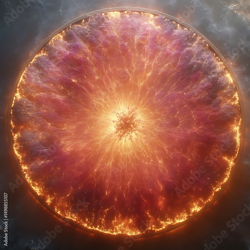 Circular, fiery landscape with intricate, radiating patterns.