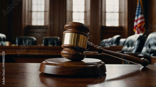 Wooden judge gavel close up, blurred courtroom background with american flag, wooden justice cabinet. tribunal