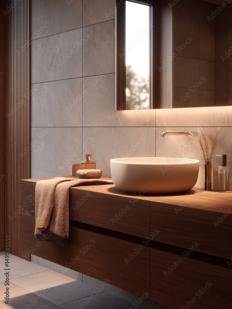 Fototapeta premium Modern bathroom interior featuring a sleek sink, warm lighting, and natural decor elements