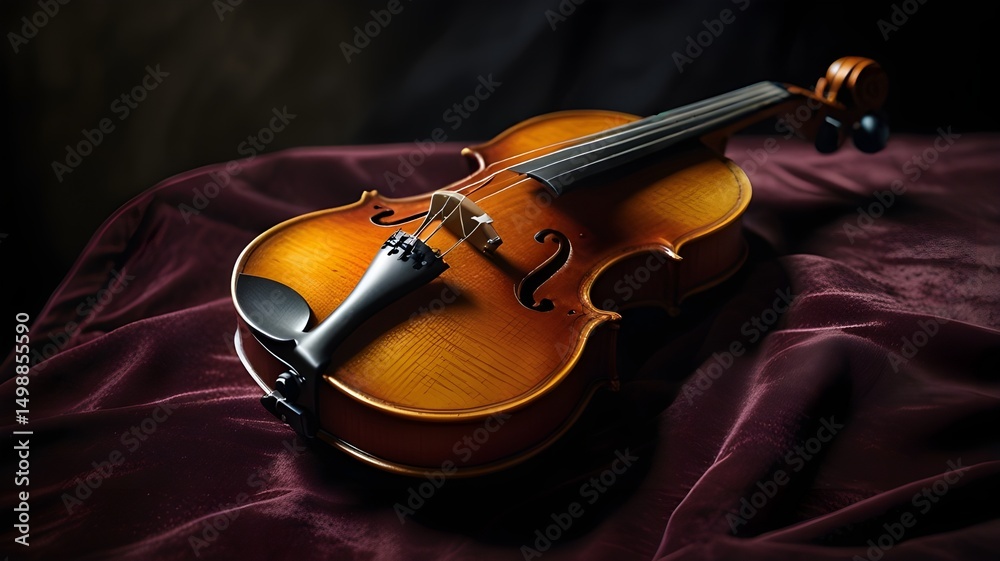 Fototapeta premium Old violin resting on a velvet cloth, moody lighting, no people 