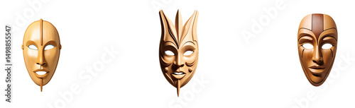Wooden mask set, showcasing intricate and cultural designs, perfect for art illustrations, cultural branding, and decorative elements with a transparent background.

