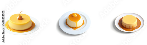 Flan A creamy set, featuring smooth, caramel-topped custard dessert, perfect for food illustrations, recipe cards, and culinary branding with a transparent background.

