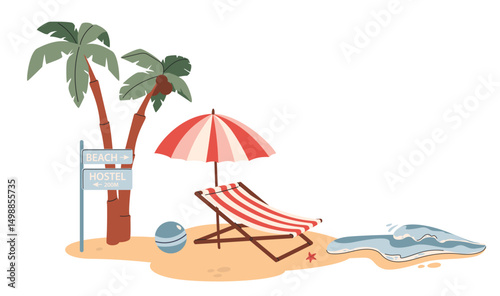 Summer beach scene banner design background. Travel Resort Vacation Concept Vector Illustration