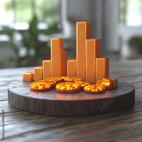 Abstract graphic design of glowing orange bars and melted circles on a wooden base.