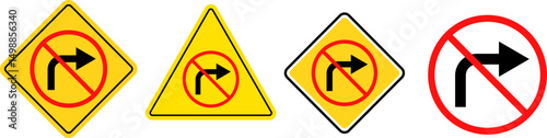 No right turn sign. prohibitory traffic signs. red crossed out circle symbol.  driving navigation icons. arrow pointing to the right. Turning right prohibited
