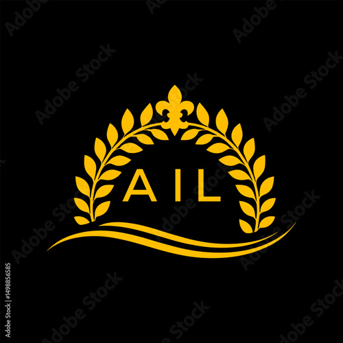 AIL Letter Logo. Luxury Laurel Wreath Logo with AIL Letters on Black Background.
