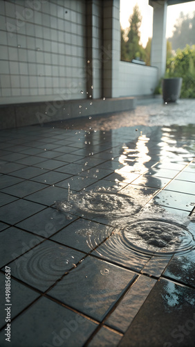 Title: Water Droplets Splashing on a Tiled Floor with Reflections and Ripples