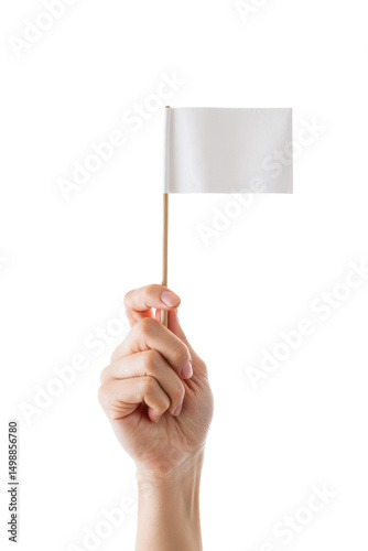 Bandera blanca sostenida por una mano. Aislada sobre fondo transparente. PNG. 