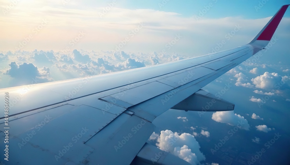 Obraz premium Close-up of airplane wing in flight, showing rivets and wing structure details , airplane wing, commercial flight