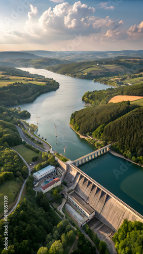 Title: Aerial View of a Dam and Reservoir Amidst Lush Green Hills and Agricultural Fields