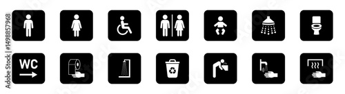 Set of flat public facility icons including male, female, accessible restrooms, baby changing, shower, toilet, hygiene, waste bin, hand dryer, and WC signs for signage use. Restroom, icon, vector.