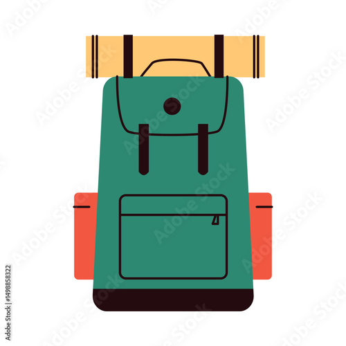 Flat illustration of a green camping backpack with red side pockets and a rolled sleeping pad on top. Represents essential gear for hiking, trekking, and outdoor travel adventures. Vector illustration