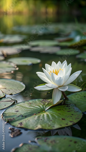 Title: White Water Lily with Yellow Stamens Floating on a Pond with Green Lily Pads