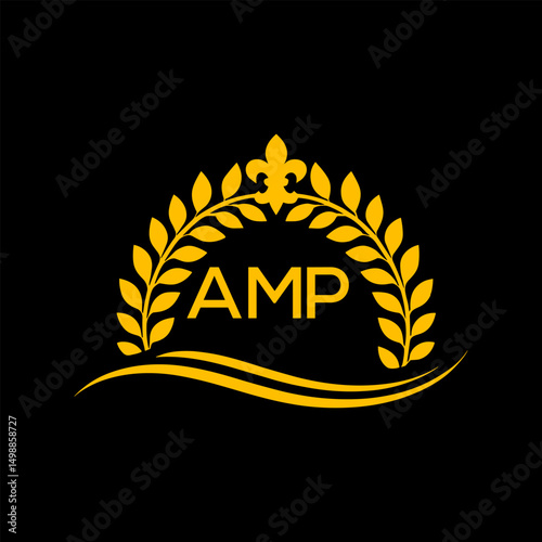 AMP Letter Logo. Luxury Laurel Wreath Logo with AMP Letters on Black Background.
