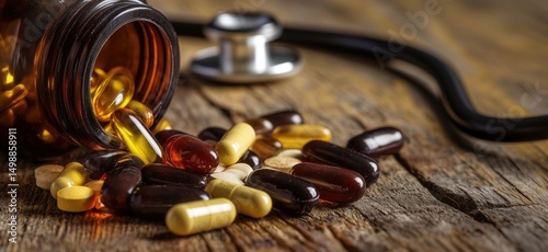 Assorted vitamins and supplements spilled from bottle on wooden table with stethoscope