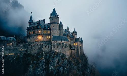 Wallpaper Mural Stone Castle on Foggy Mountain at Dusk Torontodigital.ca