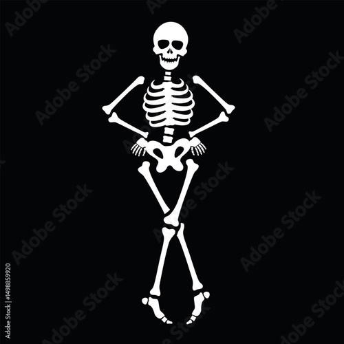 A funny cartoon dancing skeleton on a black background, creating a playful atmosphere, perfect for Halloween or themed events.