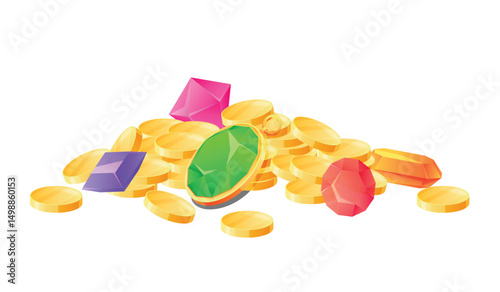 A vibrant mountain of gold coins surrounded by a multitude of glittering gems and jewelry, conveying the charm of hidden treasures from a fantasy realm.