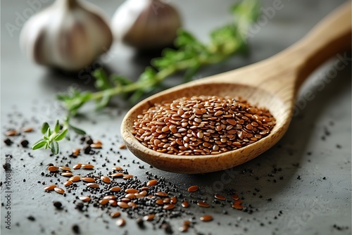 Golden flax seeds in wooden spoon with herbs