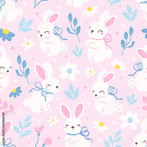 Cute Bunny Seamless Pattern, White Rabbits with Bows on Floral Background, Kawaii Spring Nursery Design