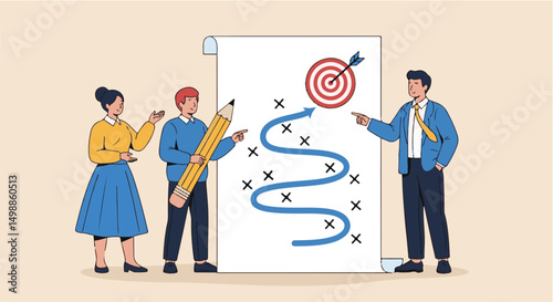 Illustration of a group of business professionals actively planning strategies to meet goals. Depicts teamwork, creativity, and forward-thinking concepts in a minimalist, clean design
