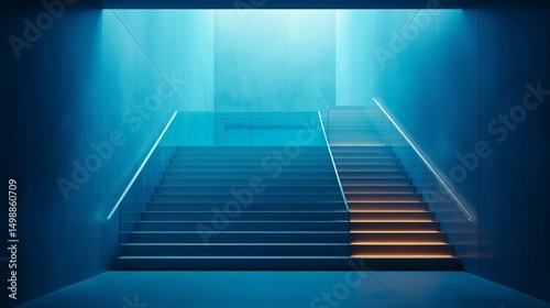Blue Neon Staircase: A modern architectural staircase bathed in cool blue neon light, creating a dramatic and futuristic atmosphere.