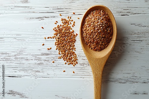 Golden flax seeds in wooden spoon on white wood